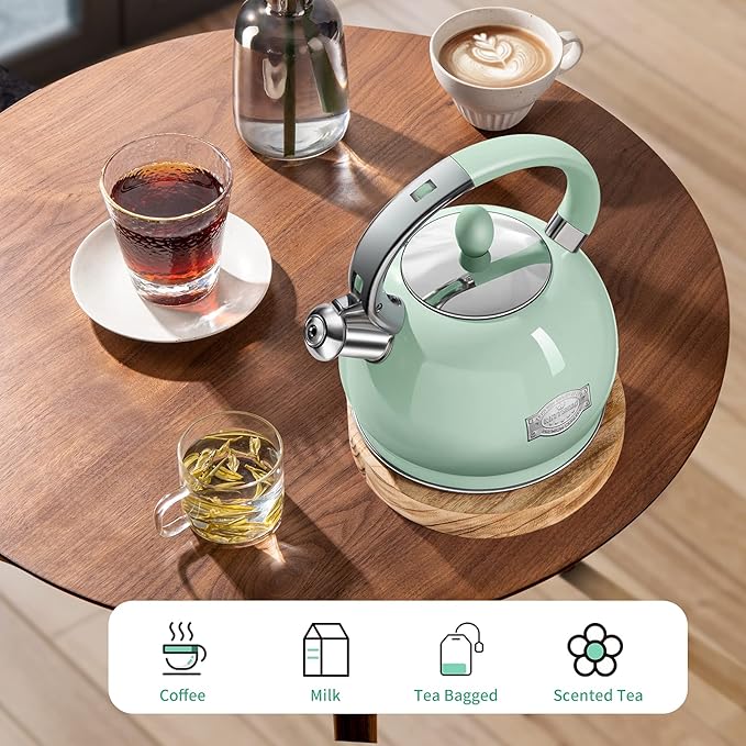 Tea Kettles Stovetop, 2.64 Quart Induction Whistling Tea Kettles Food Grade Stainless Steel Teapots with Cool Touch Handle Mint Green