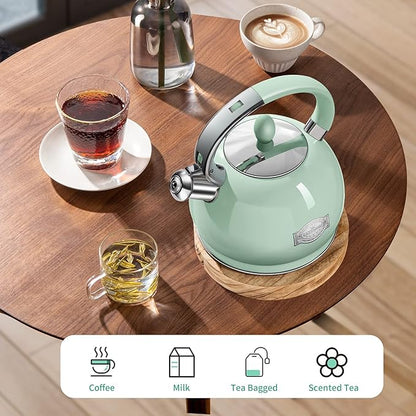 Tea Kettles Stovetop, 2.64 Quart Induction Whistling Tea Kettles Food Grade Stainless Steel Teapots with Cool Touch Handle Mint Green