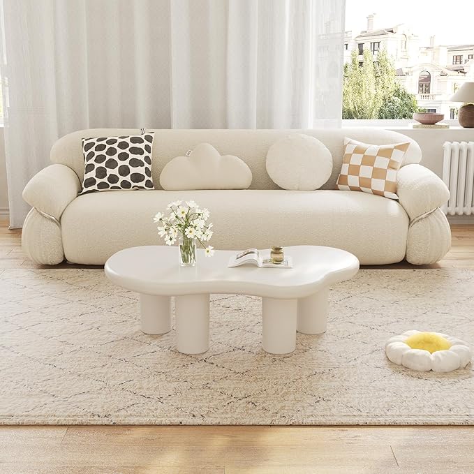 Cloud Coffee Table, Irregular Cream White Coffee Table with 4 Legs, Modern Center Table for Living Room, Indoor Tea Table, Easy Assembly
