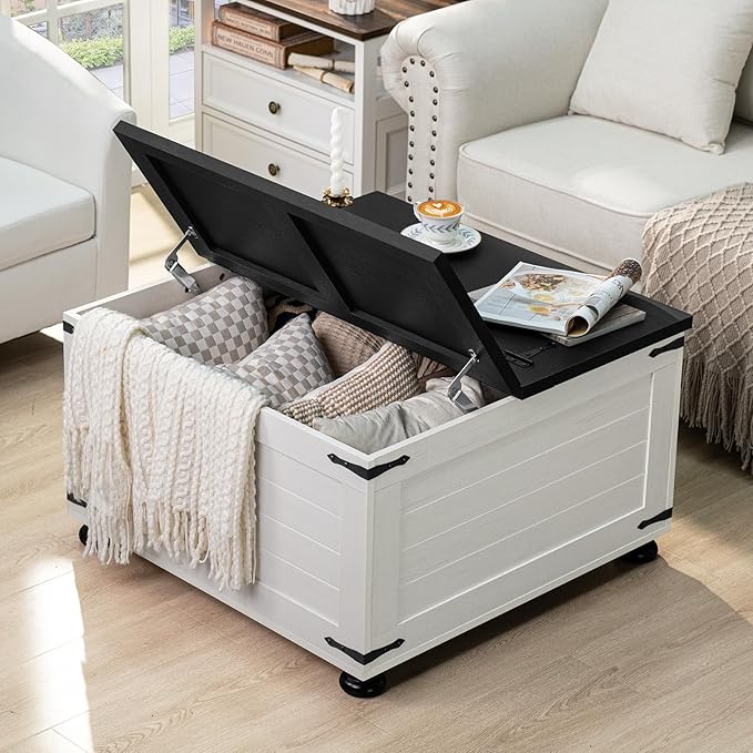 Farmhouse Coffee Table with Hidden Storage, Square Large Center Table for Living Room, Vintage Cocktail Tables with Flip-Top Lids, Farm House Tables with Wood Gourd Feet, Antique White & Black