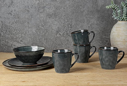 famiware Coffee Mugs Set of 4, Ocean Round 11.5oz Coffee Cup Set with Handle for Cocoa, Milk, Hot Chocolate, Stoneware Cups for Kitchen, Reactive Glaze, Microwave Dishwasher Safe, Deep Forest