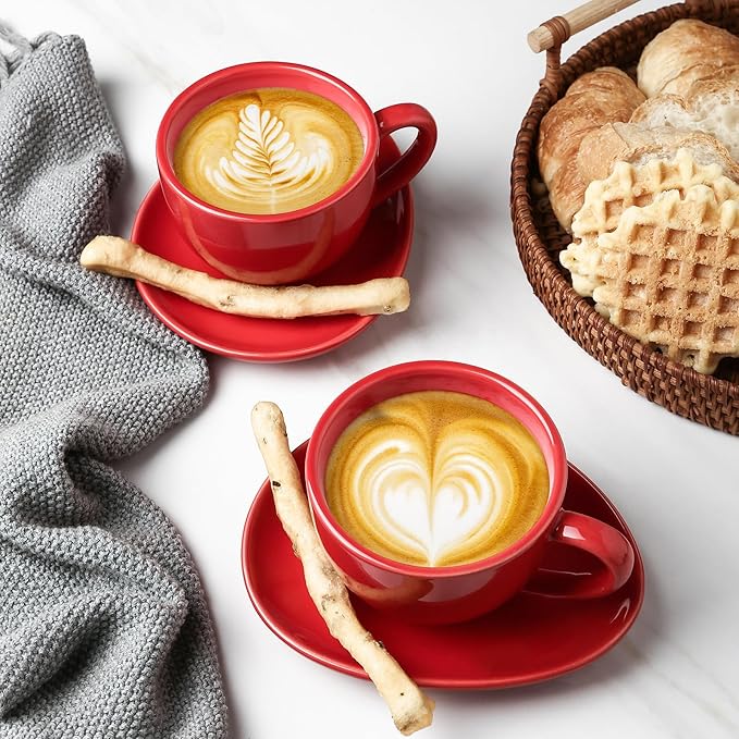 vicrays 6.5 oz Cappuccino Cups with Saucers, Set of 4, Ceramic Coffee Cup for Au Lait, Double shot, Latte, Cafe Mocha, Tea (Red)