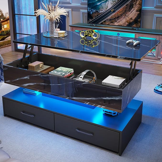 SEDETA 40" Lift Top Coffee Table, Coffee Tables with Storage for Living Room, Small Coffee Table with 2 Drawers & LED Light for Dining Reception Room, Black Marble
