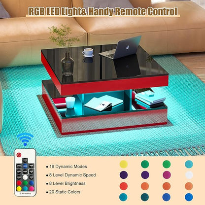 Red LED Coffee Table for Living Room, Living Room Table 2-Tier Square Modern High Glossy Contemporary Wood Coffee Tables with Storage, Tea Table for Dining Reception Room