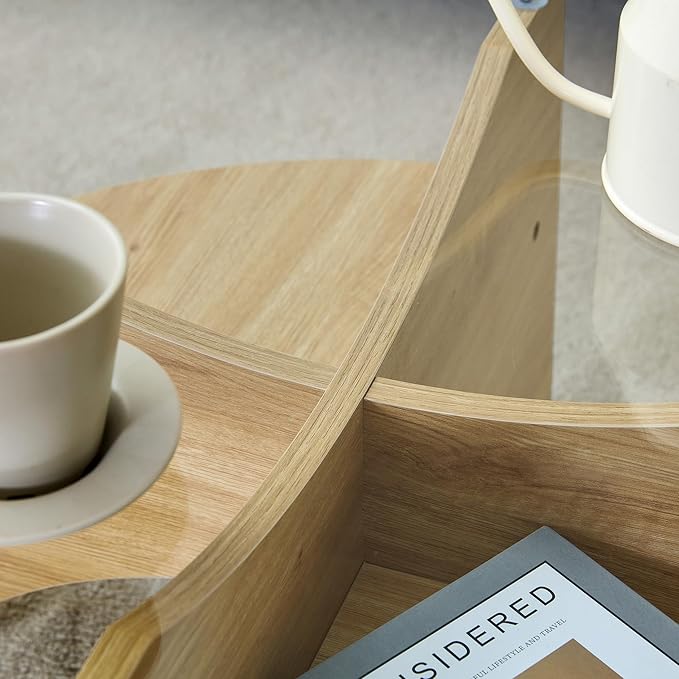 31.5" Round Glass Coffee Table with Tempered Glass Top and MDF Base, Diagonal Fan-Shaped Tray Design Table Leg Simple & Modern Center Table for Living Room Office Apartment Wood