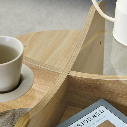 31.5" Round Glass Coffee Table with Tempered Glass Top and MDF Base, Diagonal Fan-Shaped Tray Design Table Leg Simple & Modern Center Table for Living Room Office Apartment Wood