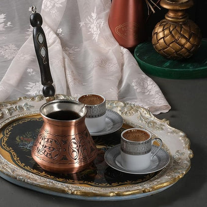 BCS 18 Oz X-Large Copper Turkish Greek Arabic Coffee Pot with Wooden Handle (6 servings) Cezve Ibrik Briki Stovetop Coffee Maker (Includes Wooden Spoon)