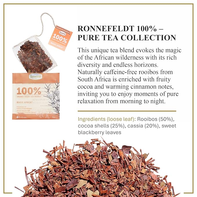 Ronnefeldt 100% Magic Africa – Rooibos Chai – Herbal German Tea with Cocoa Shells & Cassia – Loose Leaf in 15 Individually Wrapped Bags – Naturally Caffeine-Free Herbal Infusion with Cacao and Cinnamon Flavour
