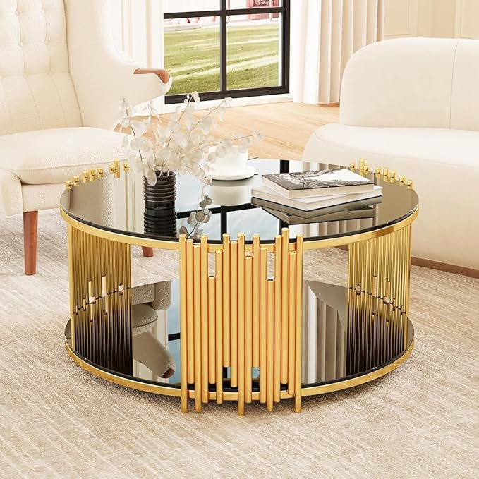 Round Coffee Table with Gold Stainless Steel Base, 2-Tier Black Glass Coffee Table Center Table, Modern Coffee Table Circular Living Room Table Cocktail Tables, Circle Center Tables