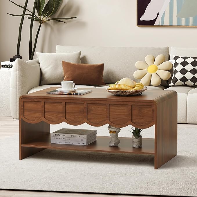 Lift Top Coffee Table with Hidden Compartment, 2 Tier Wooden Center Table with Wave Panel, Modern Lift Tabletop for Home Living Room Office, Walnut