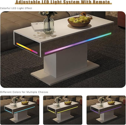 Led Coffee Table for Living Room, Living Room Table Rectangular Center Table, Modern Wooden Coffee Tables with 16 Colors LED Lights for Dining Reception Room