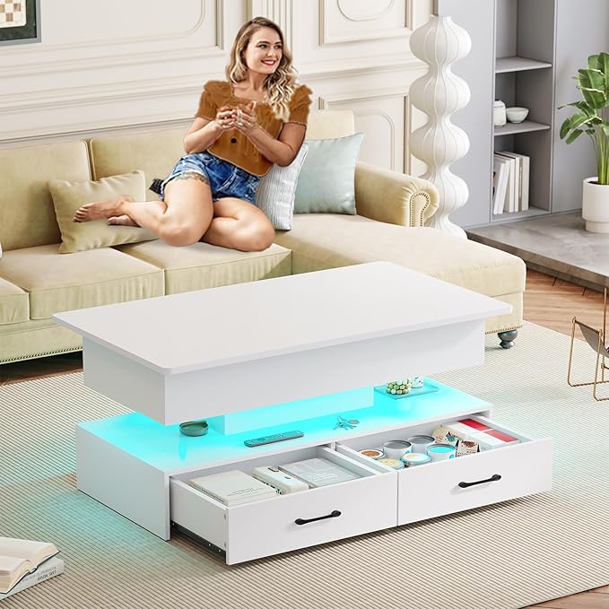 SEDETA 40" Lift Top Coffee Table, Coffee Tables with Storage for Living Room, Small Coffee Table with 2 Drawers & LED Light for Dining Reception Room, White