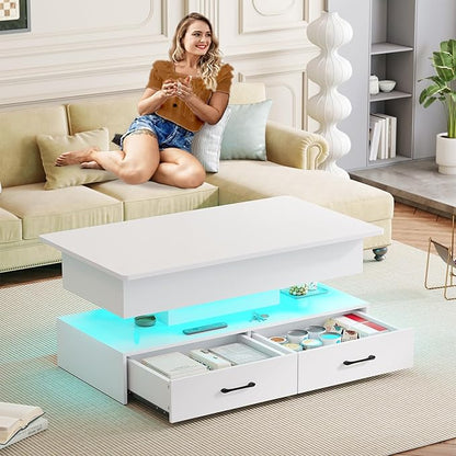 SEDETA 40" Lift Top Coffee Table, Coffee Tables with Storage for Living Room, Small Coffee Table with 2 Drawers & LED Light for Dining Reception Room, White