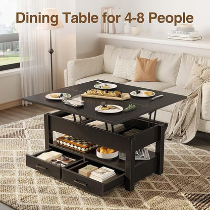 Rolanstar Coffee Table Lift Top, Multi-Function Convertible Coffee Table with Drawers and Hidden Compartment, Converts to Dining Table for Living Room, Home Office,Black
