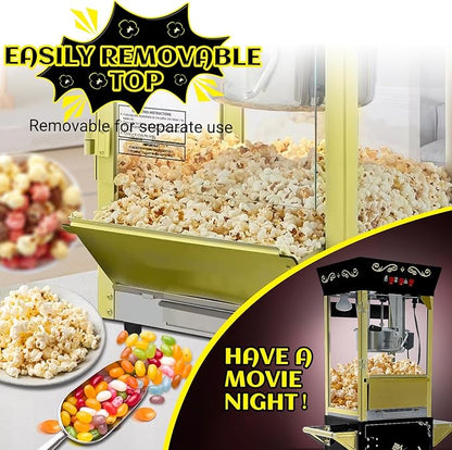 Vintage Popcorn Machine with Cart, 12oz Popper Stainless-Steel Kettle & Warming Light, Makes Up to 60 Cups, Ideal for Family Gatherings, Movie Theaters & Amusement Parks, Black&Gold
