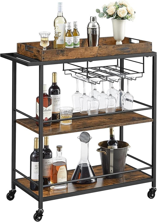 VASAGLE Kitchen Serving Cart with Removable Tray, 3-Tier Kitchen Utility Cart on Wheels with Storage, with Brakes, Leveling Feet, 15.7 x 34.6 x 37.8 Inches, Rustic Brown and Black ULRC093B01