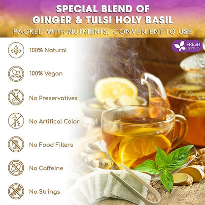 FreshDrinkUS, Premium 135 Ginger Tulsi Tea Bags, 100% Natural, Hand-made Blend of Ginger and Tulsi Holy Basil Leaves, Eco-conscious Tea Bags. Ginger Tulsi Herbal Tea. No Sugar, No Caffeine, Vegan.
