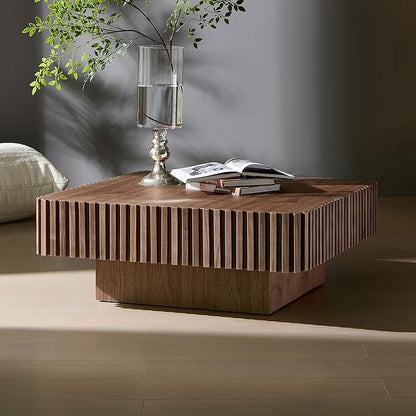 KEVINSPACE Square Wood Coffee Table, Fluted CoffeeTable Handcraft Drum TeaTable CenterTable for Living Room, Modern Wooden CocktailTable for Small Space, Easy Assembly 35.43" 15.75" H Walnut