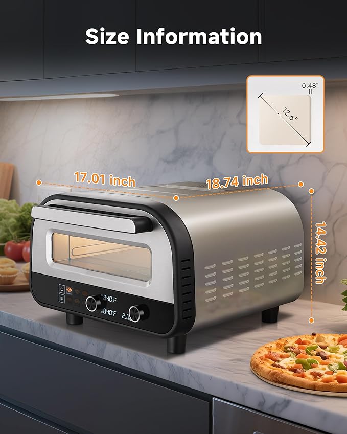 Upgraded indoor Pizza Oven 12 Inch Electric Countertop Pizza Oven with 6 Mode Heats up to 840°F Pizza Maker Pizza Cooker for Home Kitchen, Restaurants, Parties - Stainless Steel