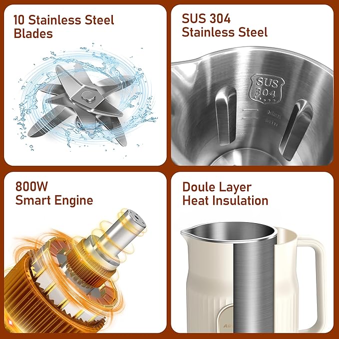 Nut Milk Maker, AlfaBot N2 Automatic Almond Milk Machine for Homemade Plant-Based Milk, Oat, Soy, Yogurt, 5 Modes/35OZ Big Capacity Soy Milk Maker with Delay Setting and Self Cleaning (Cream)