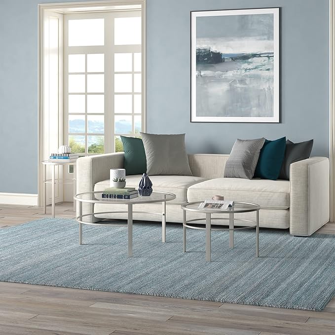 Henn&Hart Round Nested Coffee Table in Satin Nickel, Modern coffee tables for living room, studio apartment essentials, 36" Wide