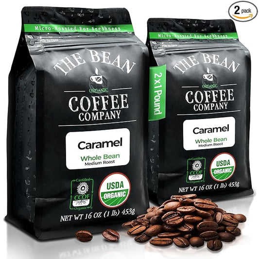 The Bean Organic Coffee Company Caramel, Medium Roast, Whole Bean Coffee, 16-Ounce Bags (Pack of 2)