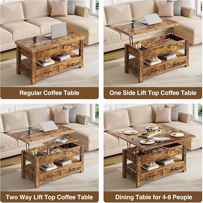 Rolanstar Coffee Table Lift Top, Multi-Function Convertible Coffee Table with Drawers and Hidden Compartment, Converts to Dining Table for Living Room, Home Office, Rustic Brown
