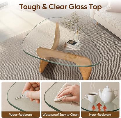 Noguchi Triangle Glass Coffee Table with Solid Wood Base, Vintage Clear Glass Top Modern Design for Living Room, Patio, Study, Light Walnut
