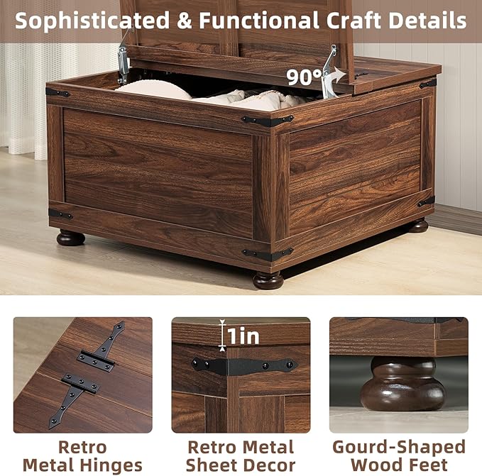 Farmhouse Coffee Table with Hidden Storage,Large Square Center Table for Living Room,Retro Cocktail Tables with Flip-Top Lids, Farm House Tables with Wooden Gourd Feet for Home,Brown Walnut