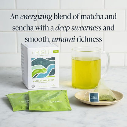 Rishi Tea Matcha Super Green Japanese Tea - Organic, Caffeinated Sachet Bags, Umami, Antioxidant Rich Sencha & Matcha Blend - 15 Count (Pack of 1)