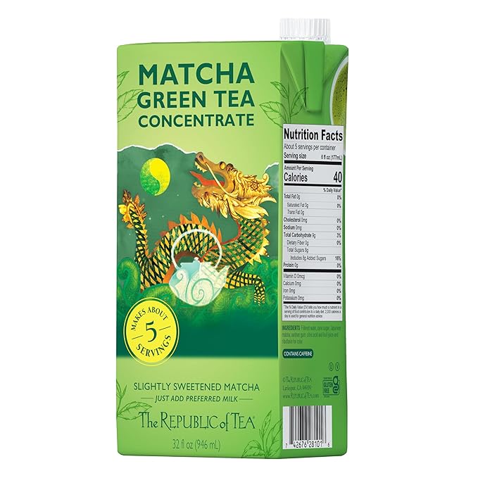 The Republic of Tea – Matcha Green Tea Concentrate, 6 Cartons – 32 fl oz (5 Servings), Matcha Latte Mix, Naturally Caffeinated, Gluten Free, Japanese Green Tea