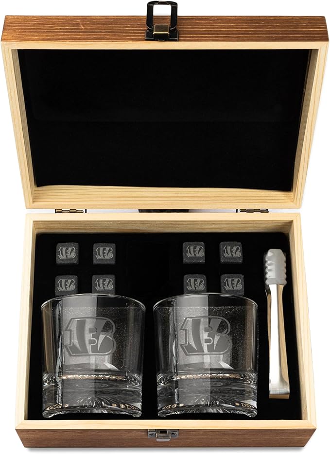 The Memory Company Officially Licensed NFL Wood Boxed Drinkware Set - 2 Premium Rocks Glasses with Laser-Etched Team Logo & Reusable cooling cubes, Whiskey & Cocktail Gift Set for Football Fans