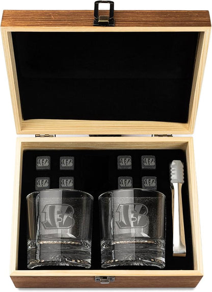 The Memory Company Officially Licensed NFL Wood Boxed Drinkware Set - 2 Premium Rocks Glasses with Laser-Etched Team Logo & Reusable cooling cubes, Whiskey & Cocktail Gift Set for Football Fans