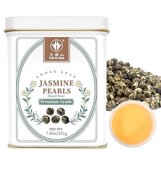 TIAN HU SHAN Jasmine Tea Jasmine Dragon Pearls Green Tea Loose Leaf 7.8oz (221g) Tin