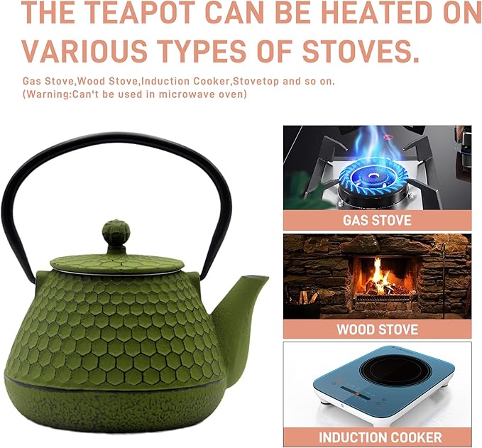 20.3oz Cast Iron Teapot, Small Tea Kettle for Stovetop Safe With Enameled Interior, Stainless Steel Infuser for Loose Tea (Green Honeycomb Pattern)