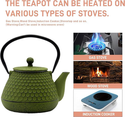 20.3oz Cast Iron Teapot, Small Tea Kettle for Stovetop Safe With Enameled Interior, Stainless Steel Infuser for Loose Tea (Green Honeycomb Pattern)