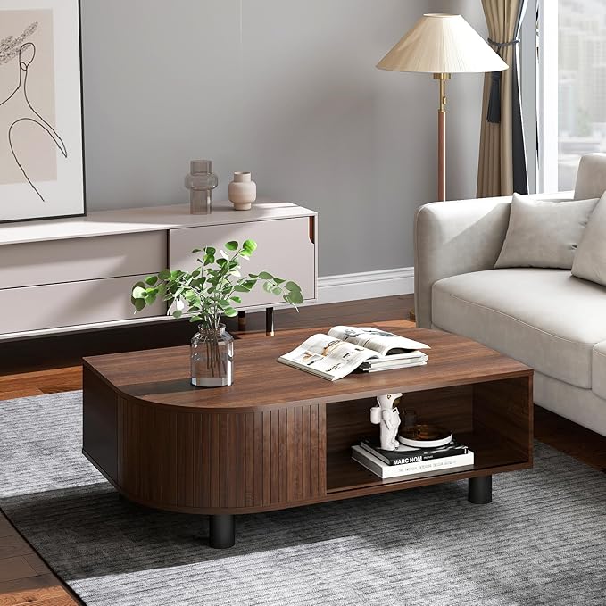 Mid-Century Modern 39.4" Coffee Table - Leaf-Shaped Wood Center Table with Storage, Retro Fluted Central Table with Sliding Door & Large Hidden Compartment, for Living Room, Office, Walnut