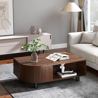 Mid-Century Modern 39.4" Coffee Table - Leaf-Shaped Wood Center Table with Storage, Retro Fluted Central Table with Sliding Door & Large Hidden Compartment, for Living Room, Office, Walnut