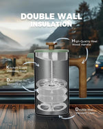 Load image into Gallery viewer, POLIVIAR French Press Coffee Maker, 34 oz Coffee Press with Real Wood Handle, Double Wall Insulation &amp; Dual-Filter Screen, Food Grade Stainless Steel for Good Coffe and Tea (Flatland)