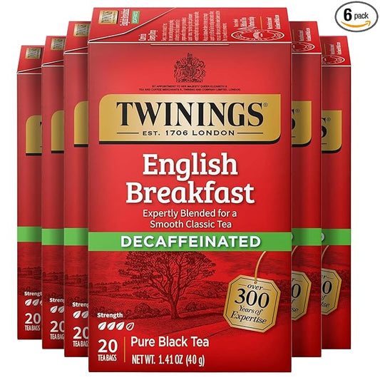 Twinings Decaffeinated English Breakfast Individually Wrapped Bags, 20 Count (Pack of 6), Flavourful & Robust, Enjoy Hot or Iced, 120 Teabags