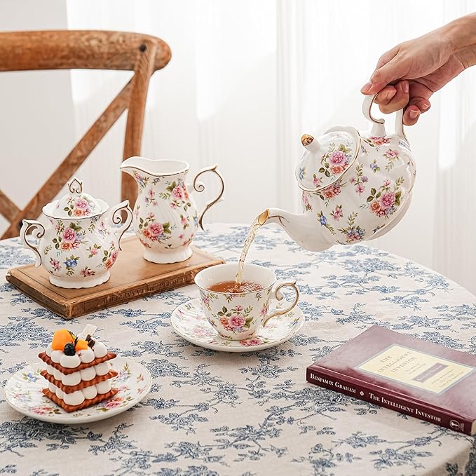 Flower Ceramic Teapot,22oz Porcelain Tea pot for Tea Coffee Milk for Office Home Men Women as Gift(White and small flowers)