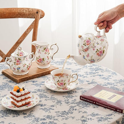 Flower Ceramic Teapot,22oz Porcelain Tea pot for Tea Coffee Milk for Office Home Men Women as Gift(White and small flowers)