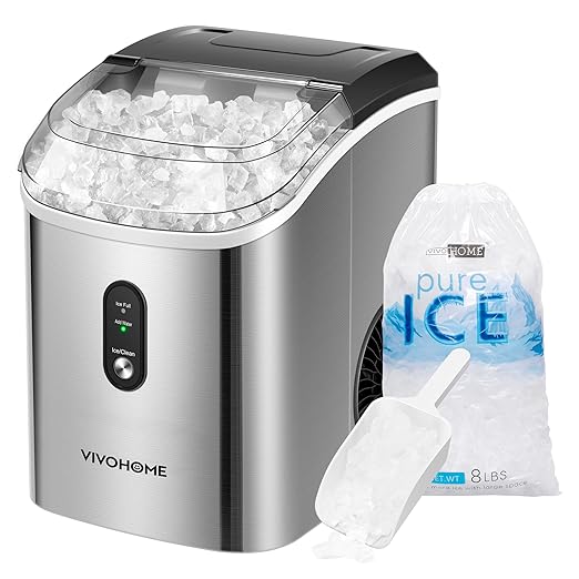 VIVOHOME Electric Portable Compact Countertop Automatic Chewable Nugget Ice Cube Maker Machine with Hand Scoop 10 Ice Bags and Self Cleaning Function 33lbs/Day Silver