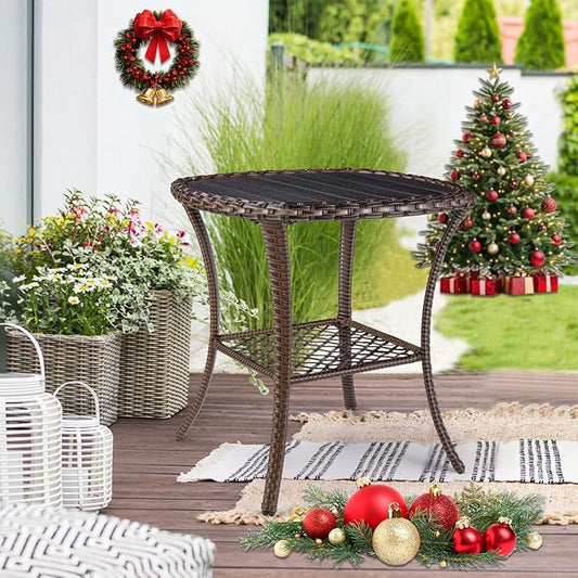 Outdoor Side Table Patio Wicker Coffee Table Outdoor End Table Rattan Bistro Table with Storage & Poly Lumber Table Top Square for Outside Balcony Porch Backyard Deck Brown