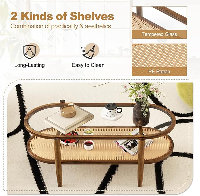 Giantex Rattan Coffee Table, 2-Tier Oval Acacia Wood Tea Table w/Tempered Glass Tabletop & PE Rattan Storage Shelf, Boho Cocktail Tables, Mid Century Modern Center Table for Living Room Office, Brown