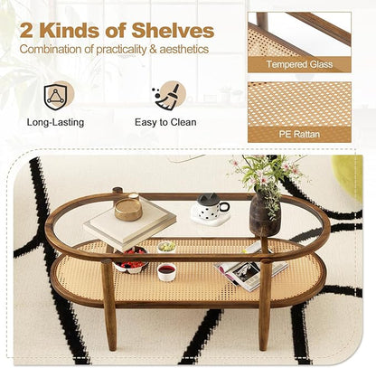 Giantex Rattan Coffee Table, 2-Tier Oval Acacia Wood Tea Table w/Tempered Glass Tabletop & PE Rattan Storage Shelf, Boho Cocktail Tables, Mid Century Modern Center Table for Living Room Office, Brown