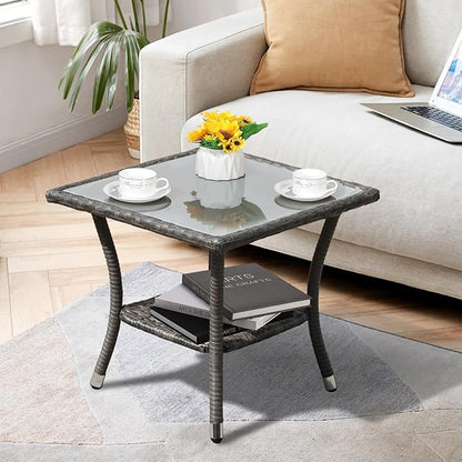 Super Patio Outdoor Side Table, 20" Square Wicker End Coffee Table with Tempered Glass Top, Aluminum Frame, Gray