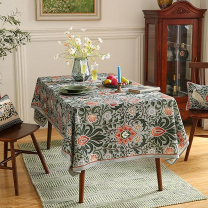 Designer Bohemian Linen Green Long Tablecloth Rectangle,Floral Indoor Table Cloth,Stain Resistant Decor Tablecloths for Dining Thanksgiving Kitchen Party Christmas,63"*102"-Naples
