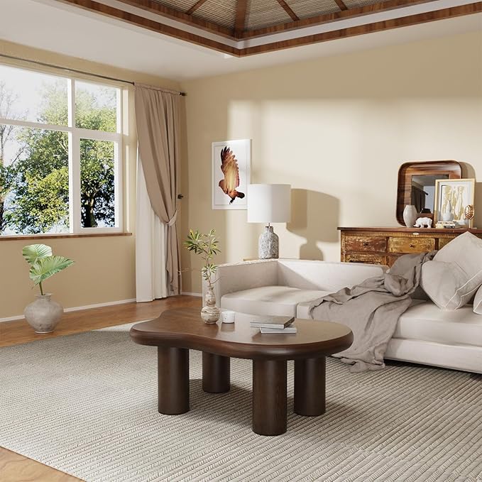 Cloud Coffee Table Modern, Irregular Shape Coffee Tables for Living Room, Simple Low Coffee Table with 4 Stable Cylindrical Legs Round Edge Design - Brown 46" W X 31" D X 15.3" H