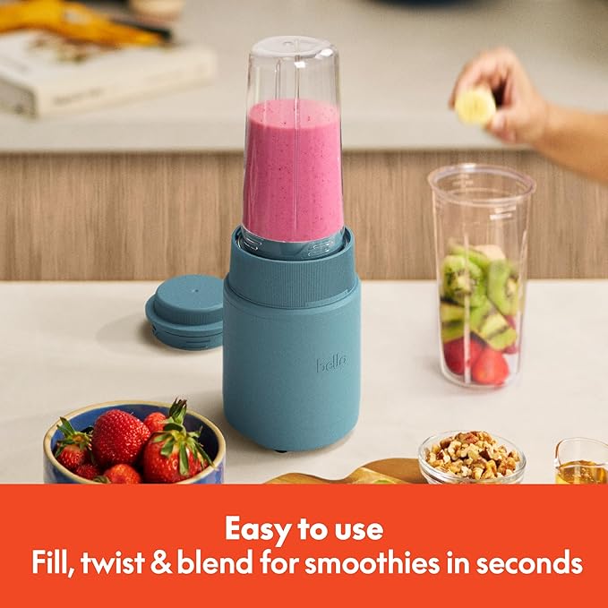 bella 6 Pcs Portable Rocket Blender, Juicer & Smoothie Maker, Press & Twist Design, EverGood™ & BPA Free Dishwasher Safe Parts, 4 Tip Stainless Steel Blade, Cord Wrap, 240 Watt Motor, Surf